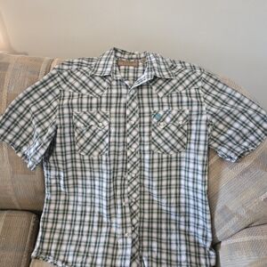 Wrangler Green and White Plaid Casual Button Down Shirt Size Large
